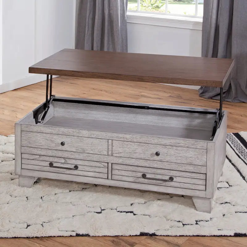 Table basse relevable en bois bicolore avec roulettes