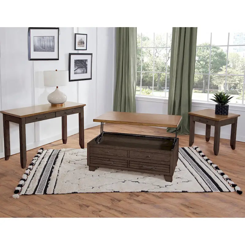 Table basse relevable en bois bicolore avec roulettes