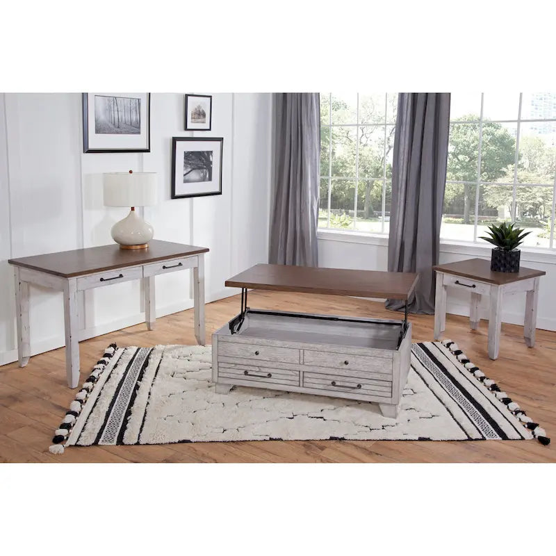Table basse relevable en bois bicolore avec roulettes