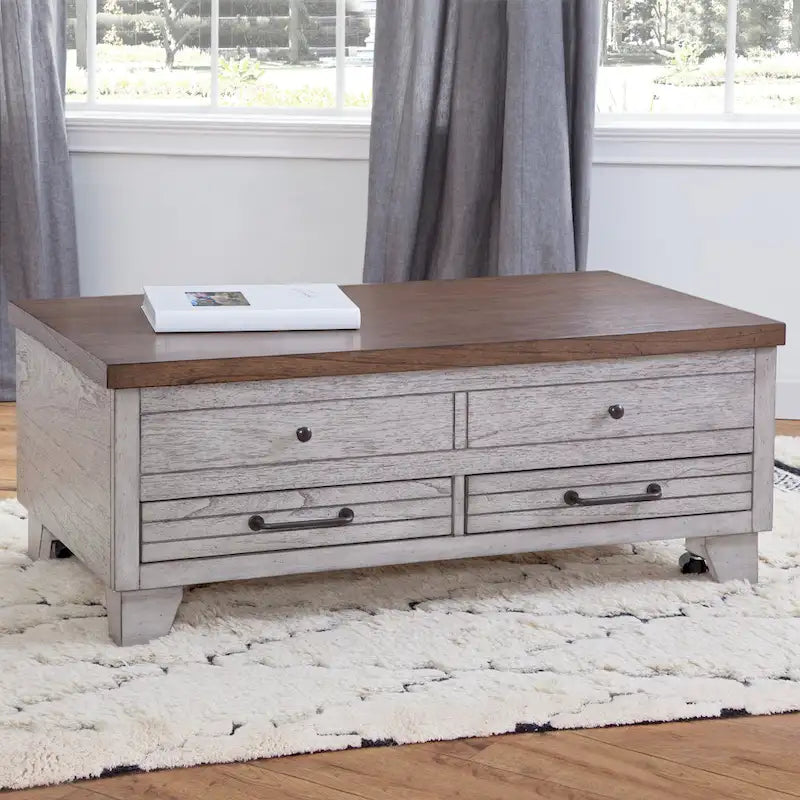 Table basse relevable en bois bicolore avec roulettes