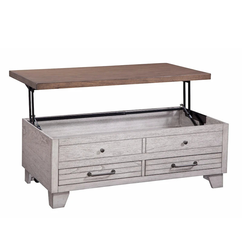 Table basse relevable en bois bicolore avec roulettes