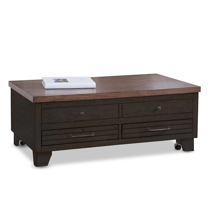 Table basse relevable en bois bicolore avec roulettes