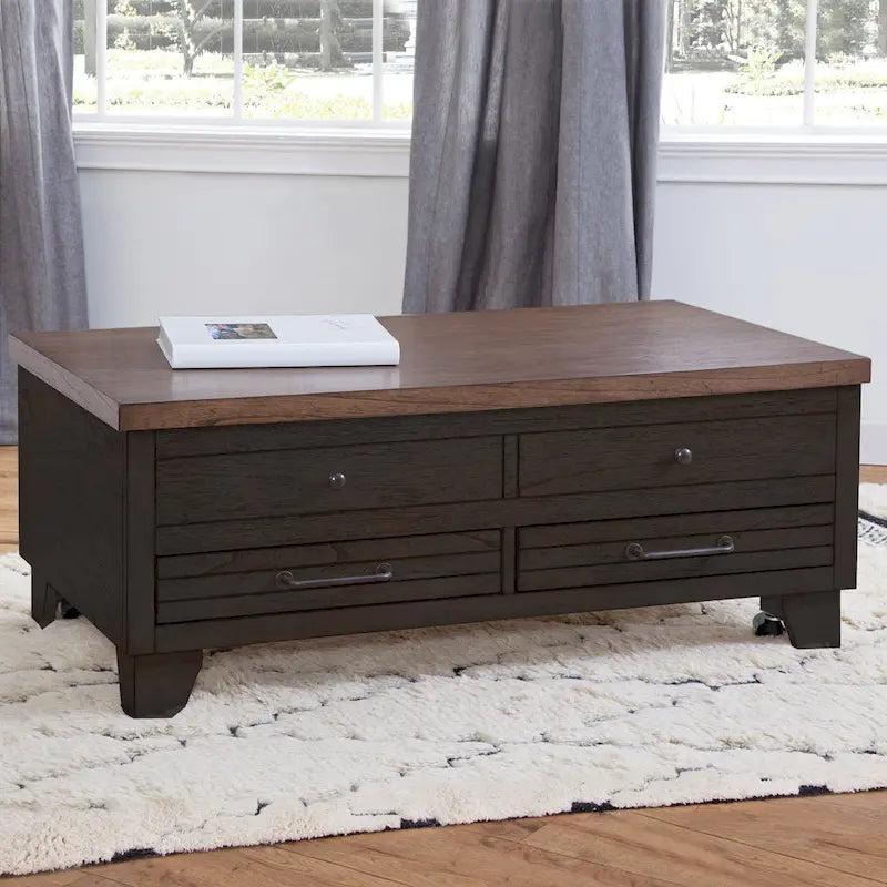 Table basse relevable en bois bicolore avec roulettes