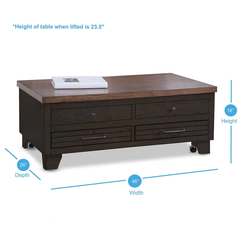 Table basse relevable en bois bicolore avec roulettes