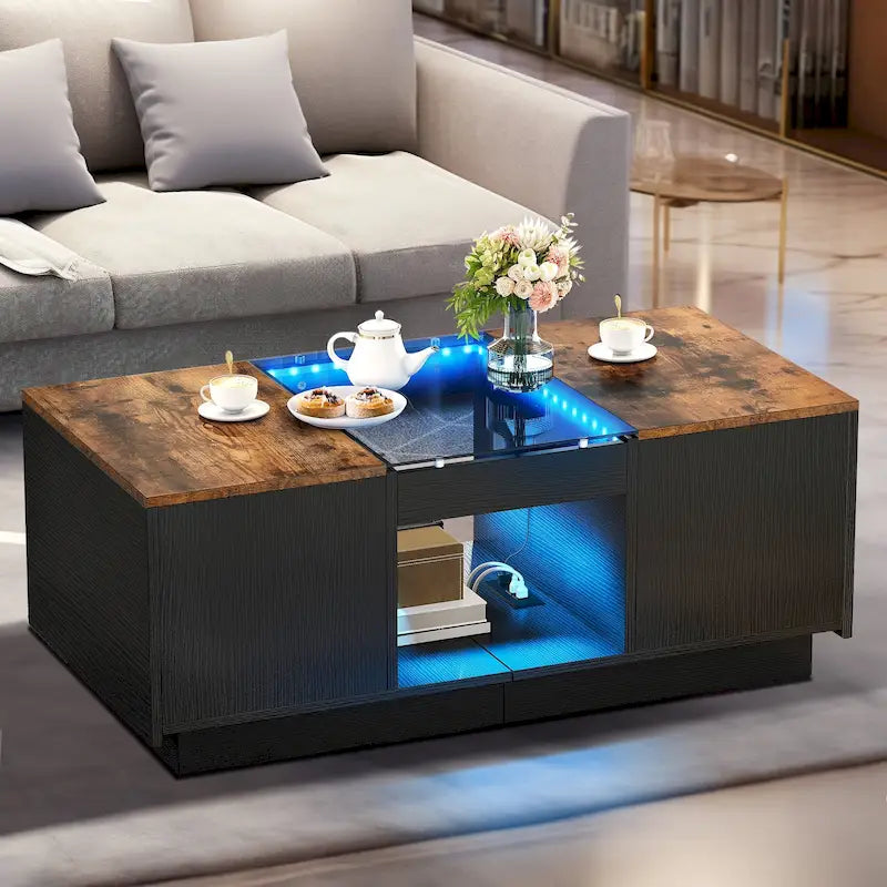 Table basse moderne en bois avec tiroirs de rangement et éclairage LED