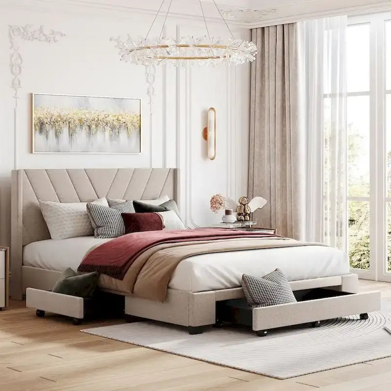 Lit de rangement Queen Size, plateforme capitonnée en lin avec 3 tiroirs