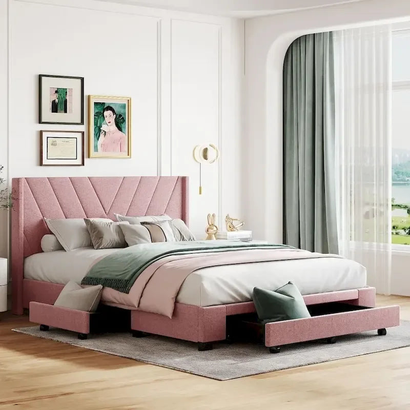 Lit de rangement Queen Size, plateforme capitonnée en lin avec 3 tiroirs