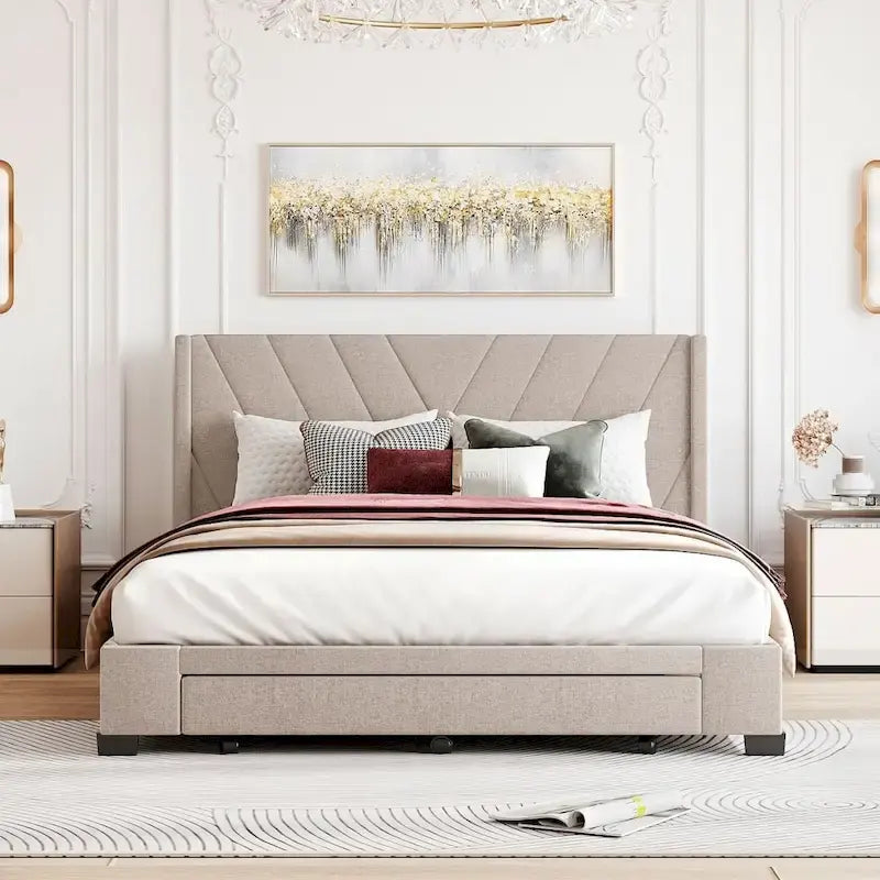 Lit de rangement Queen Size, plateforme capitonnée en lin avec 3 tiroirs