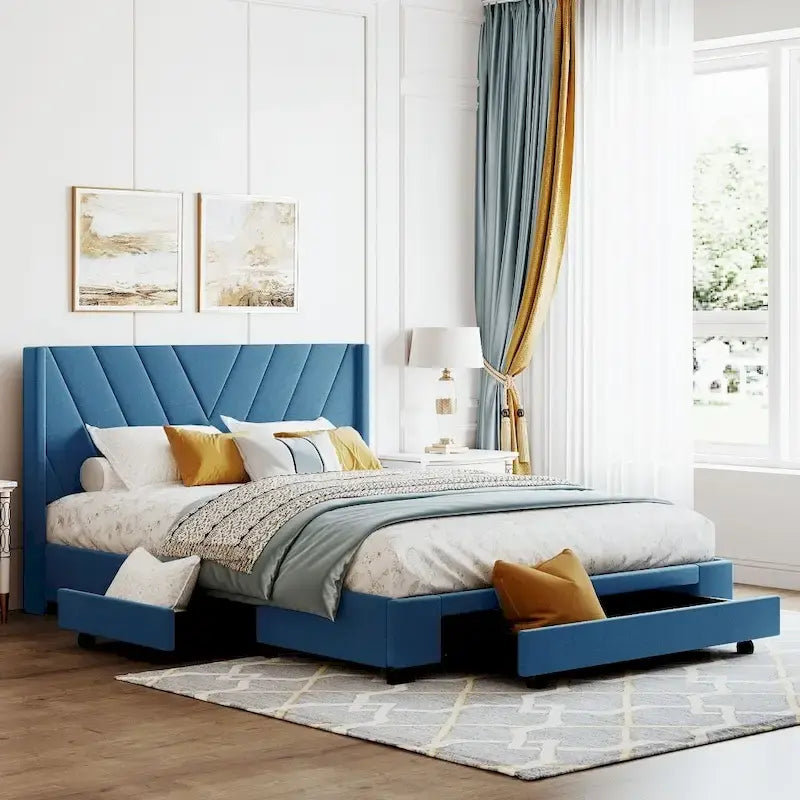 Lit de rangement Queen Size, plateforme capitonnée en lin avec 3 tiroirs