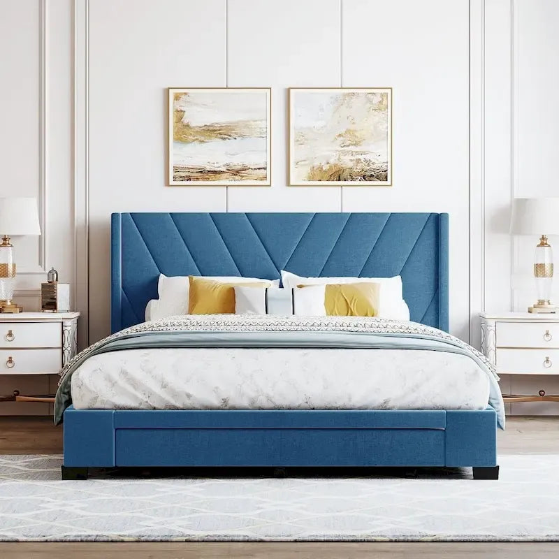 Lit de rangement Queen Size, plateforme capitonnée en lin avec 3 tiroirs