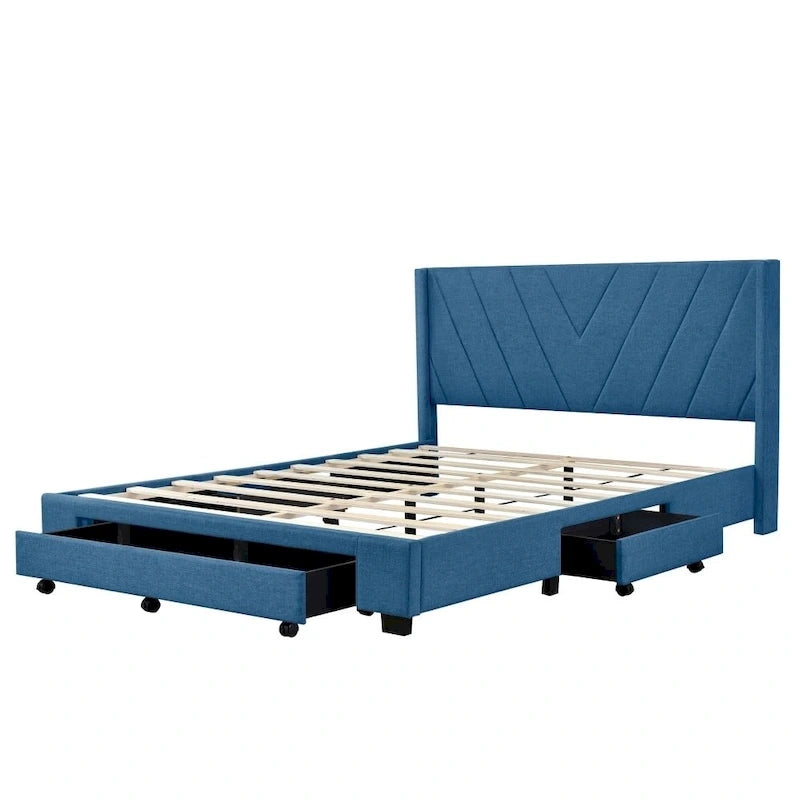 Lit de rangement Queen Size, plateforme capitonnée en lin avec 3 tiroirs