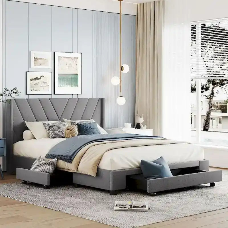 Lit de rangement Queen Size, plateforme capitonnée en lin avec 3 tiroirs
