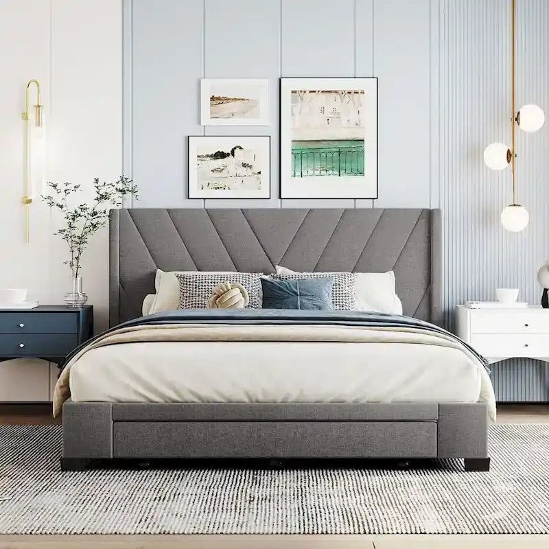 Lit de rangement Queen Size, plateforme capitonnée en lin avec 3 tiroirs