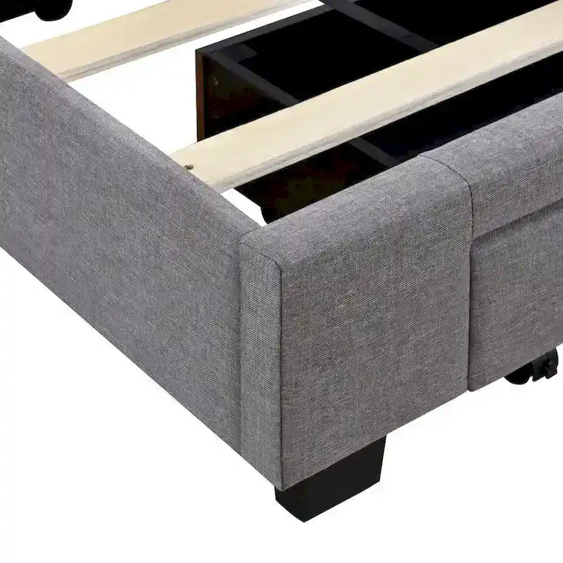 Lit de rangement Queen Size, plateforme capitonnée en lin avec 3 tiroirs