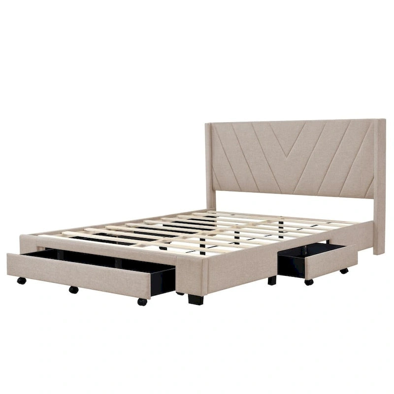 Lit de rangement Queen Size, plateforme capitonnée en lin avec 3 tiroirs