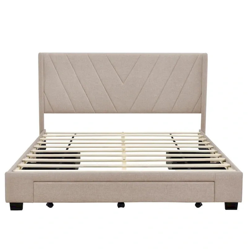 Lit de rangement Queen Size, plateforme capitonnée en lin avec 3 tiroirs