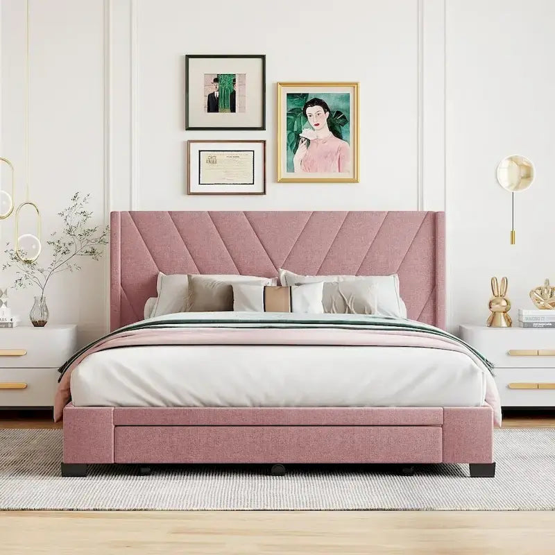 Lit de rangement Queen Size, plateforme capitonnée en lin avec 3 tiroirs