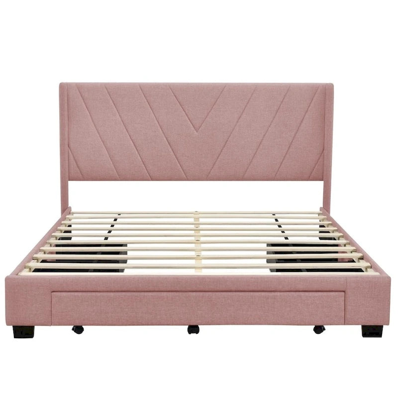 Lit de rangement Queen Size, plateforme capitonnée en lin avec 3 tiroirs