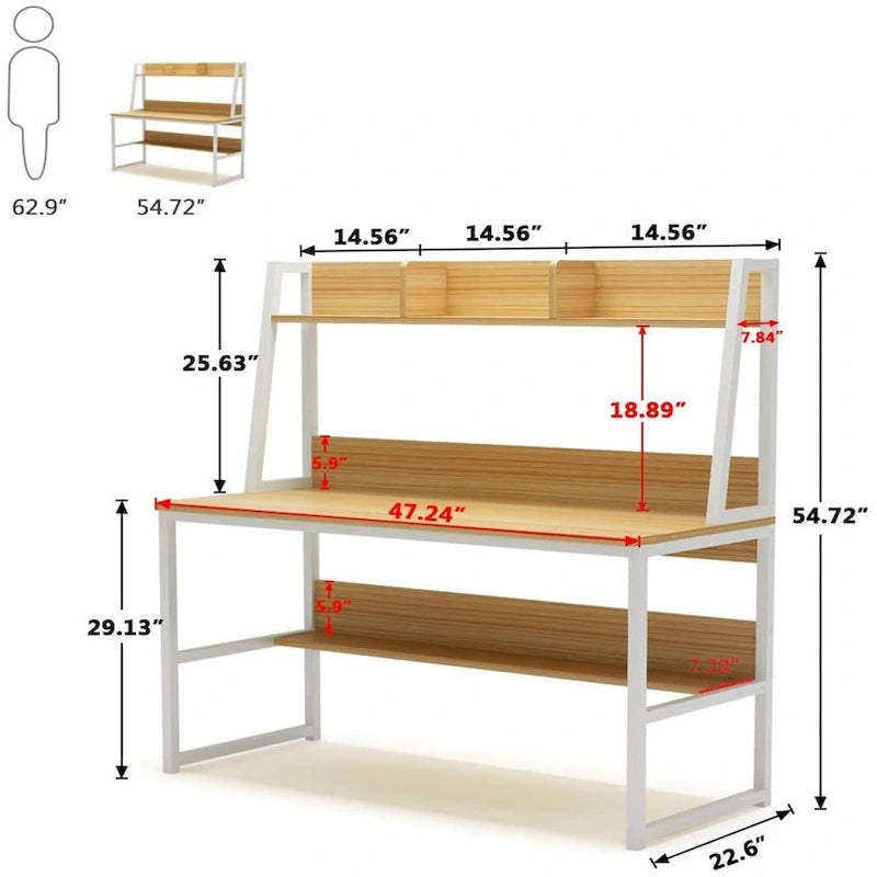 Bureau informatique de 119 cm avec huche et étagère à livres