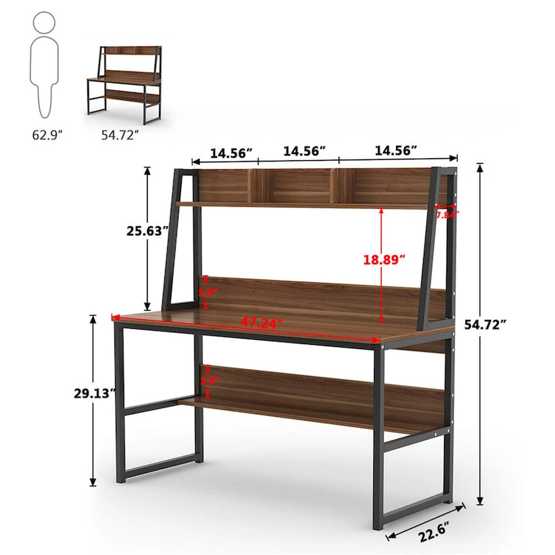 Bureau informatique de 119 cm avec huche et étagère à livres