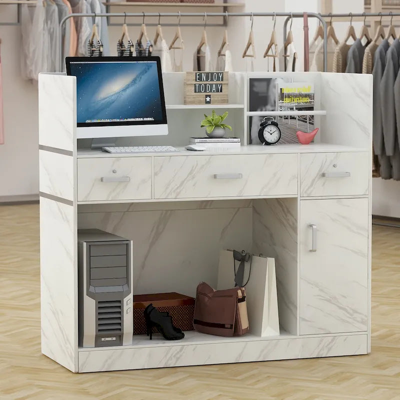 Bureau d'ordinateur de réception en bois massif à 3 tiroirs
