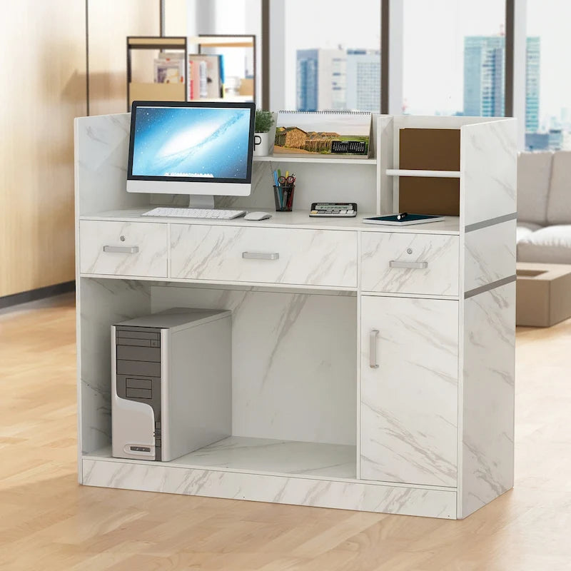 Bureau d'ordinateur de réception en bois massif à 3 tiroirs