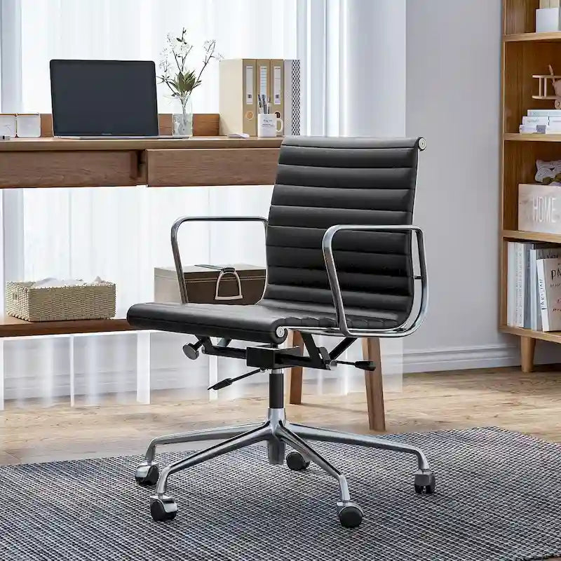 Fauteuil de bureau ergonomique côtelé en cuir véritable avec dossier bas - N/A