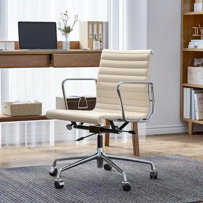 Fauteuil de bureau ergonomique côtelé en cuir véritable avec dossier bas - N/A