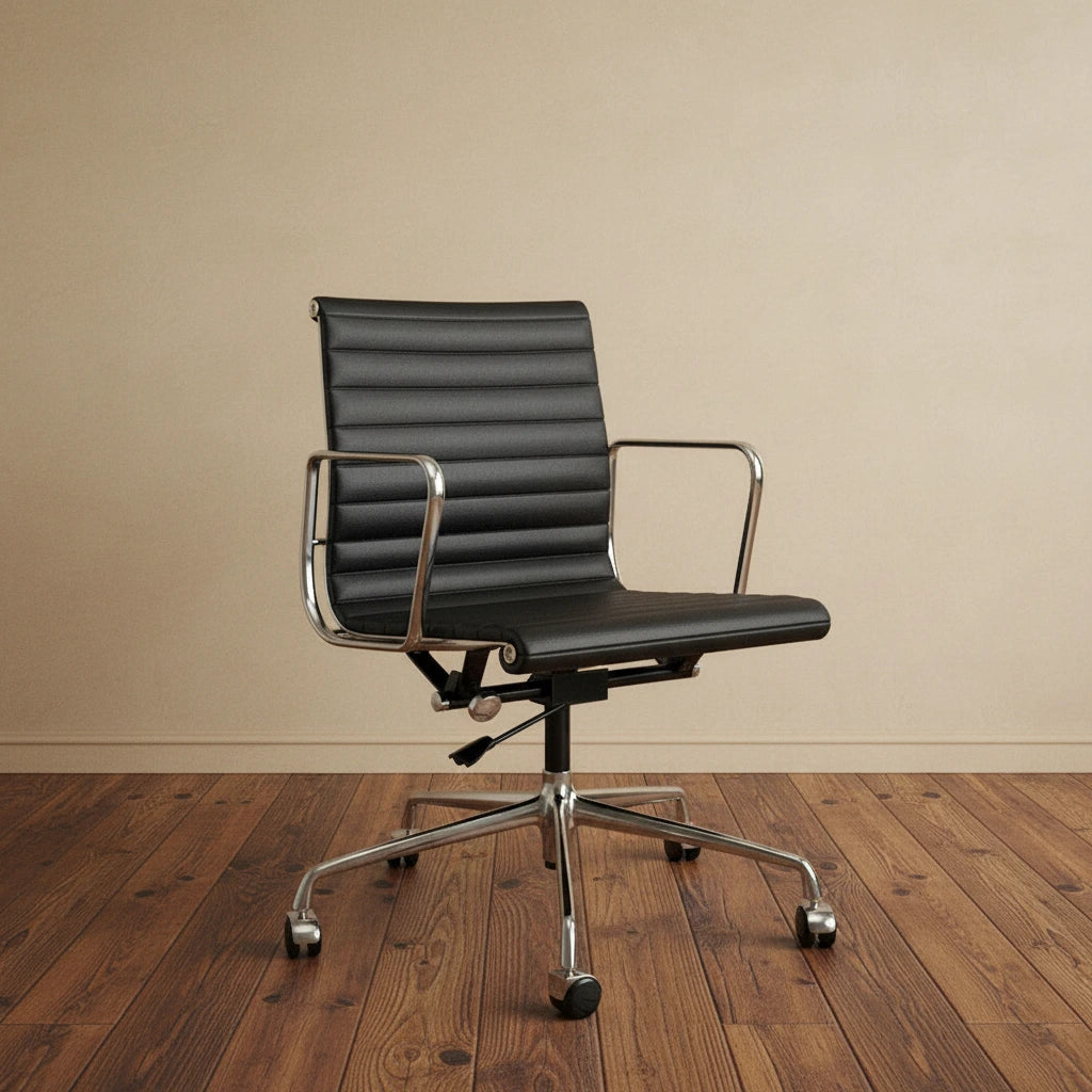 Low Back Genuine Leather Ergonomic Computer Ribbed Office Chair - N/A
