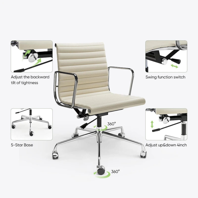 Fauteuil de bureau ergonomique côtelé en cuir véritable avec dossier bas - N/A