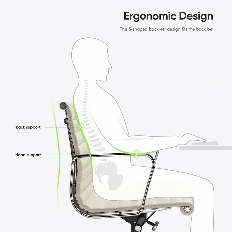 Fauteuil de bureau ergonomique côtelé en cuir véritable avec dossier bas - N/A