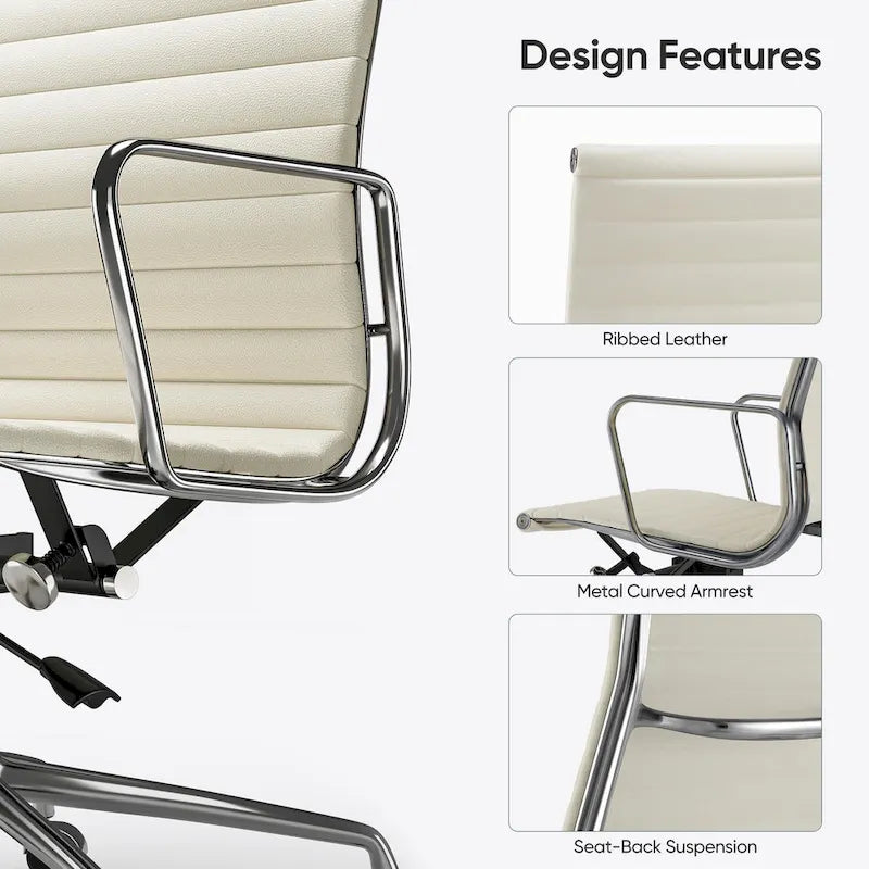 Fauteuil de bureau ergonomique côtelé en cuir véritable avec dossier bas - N/A