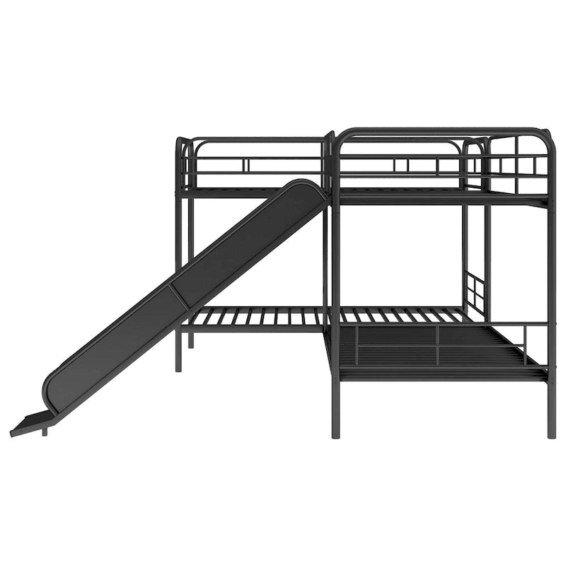 Lit superposé en L de taille double avec toboggan et échelle, noir