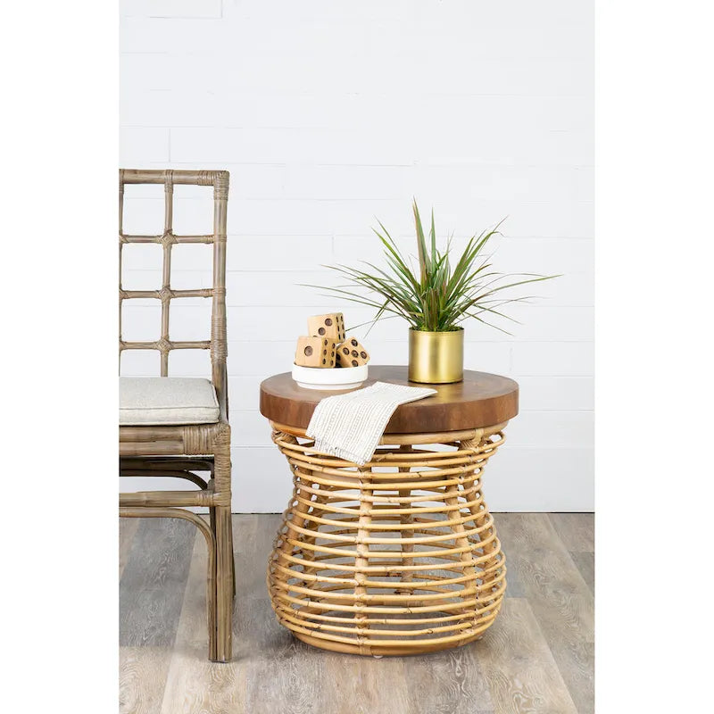 Table d'appoint en rotin avec plateau en bois massif par
