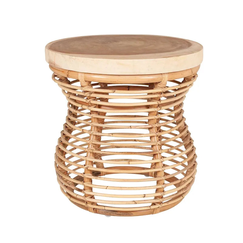Table d'appoint en rotin avec plateau en bois massif par