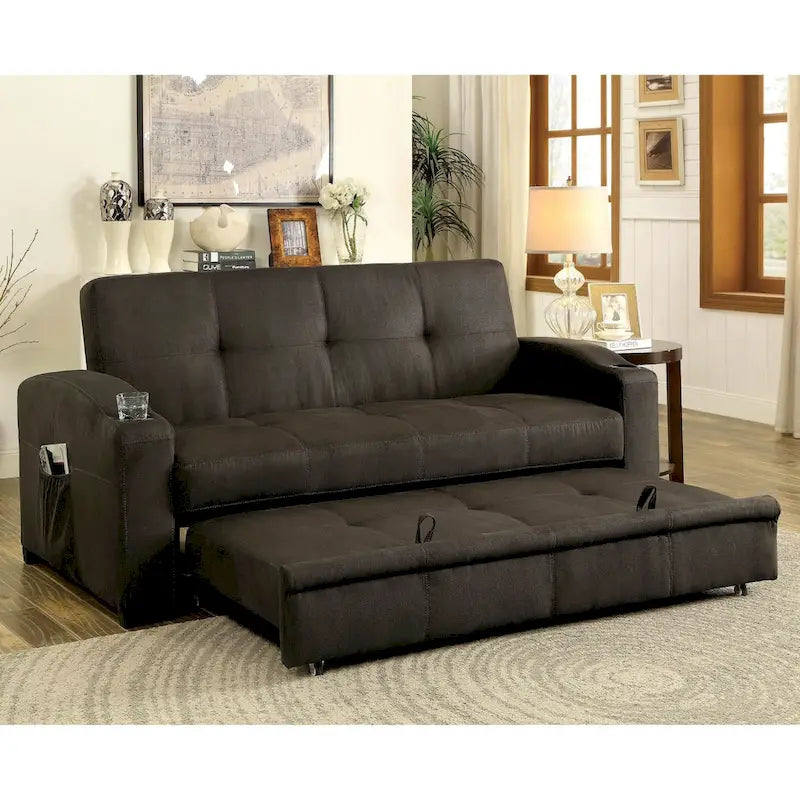 Canapé futon de rangement touffu en tissu marron transitionnel par