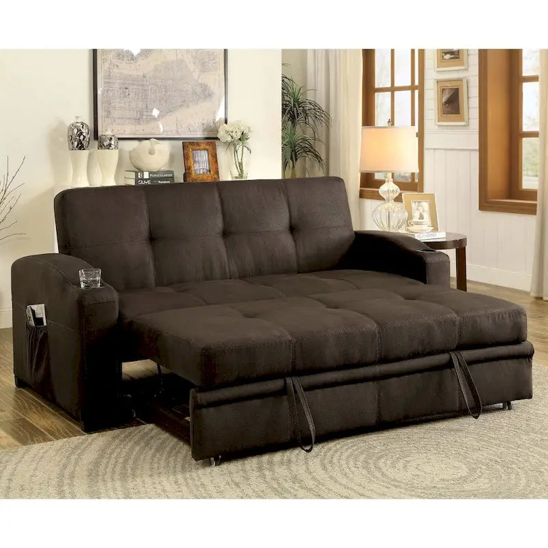 Canapé futon de rangement touffu en tissu marron transitionnel par