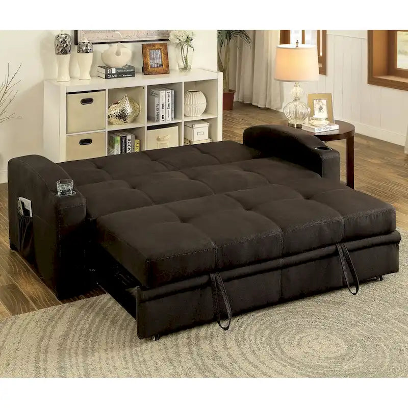 Canapé futon de rangement touffu en tissu marron transitionnel par