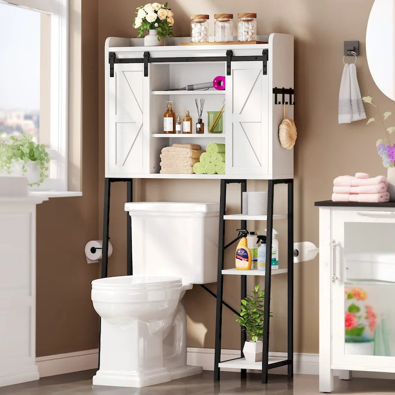 Étagère de rangement de 61 pouces de haut à placer au-dessus des toilettes avec porte coulissante style ferme et base en métal