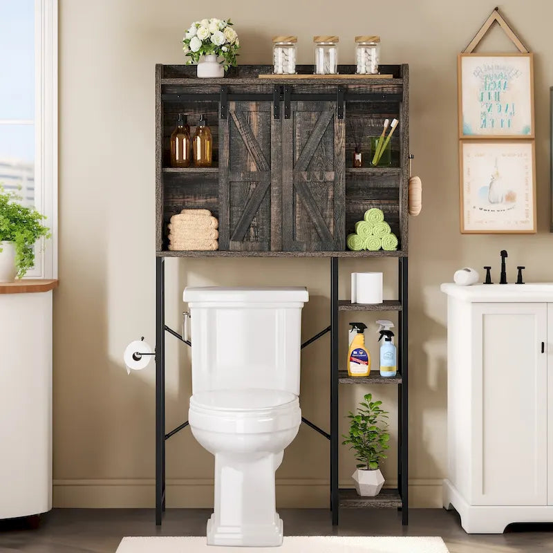 Étagère de rangement de 61 pouces de haut à placer au-dessus des toilettes avec porte coulissante style ferme et base en métal