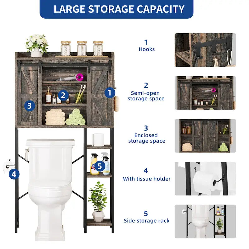 Étagère de rangement de 61 pouces de haut à placer au-dessus des toilettes avec porte coulissante style ferme et base en métal