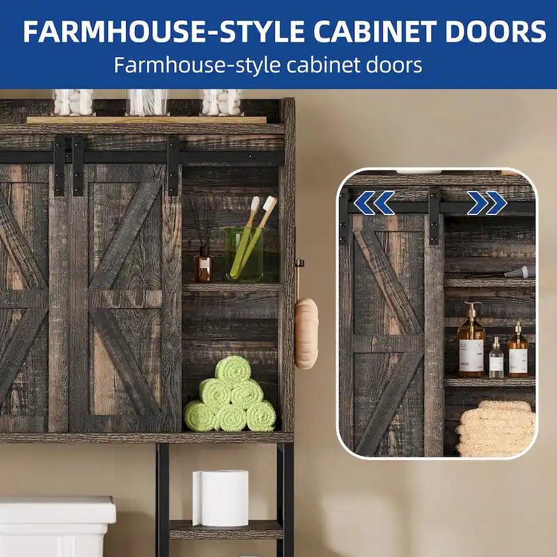 Étagère de rangement de 61 pouces de haut à placer au-dessus des toilettes avec porte coulissante style ferme et base en métal