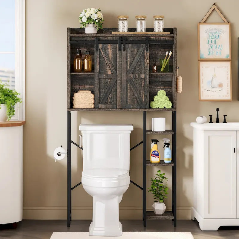 Étagère de rangement de 61 pouces de haut à placer au-dessus des toilettes avec porte coulissante style ferme et base en métal
