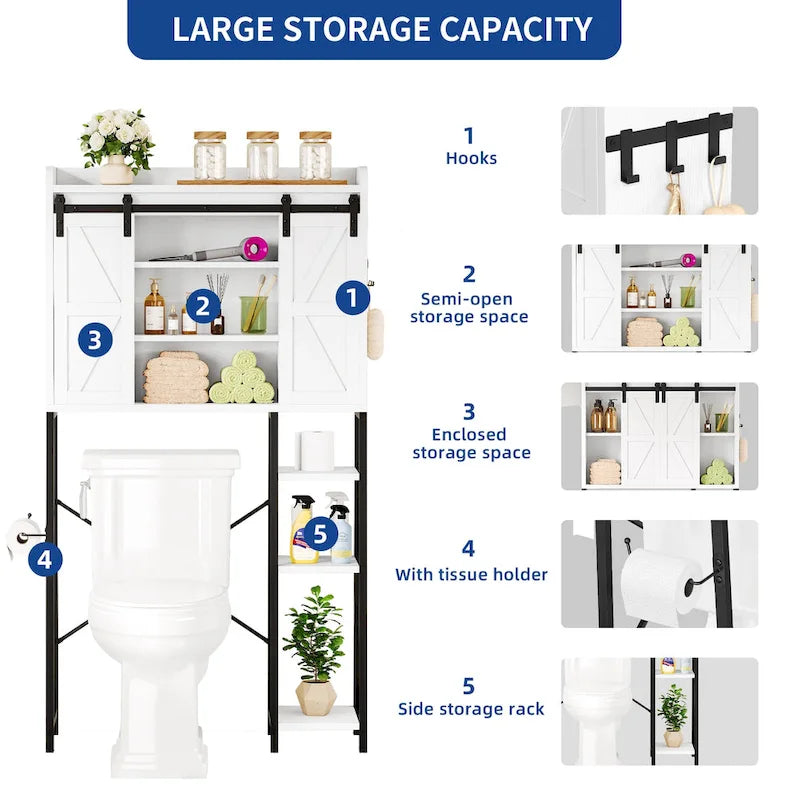 Étagère de rangement de 61 pouces de haut à placer au-dessus des toilettes avec porte coulissante style ferme et base en métal