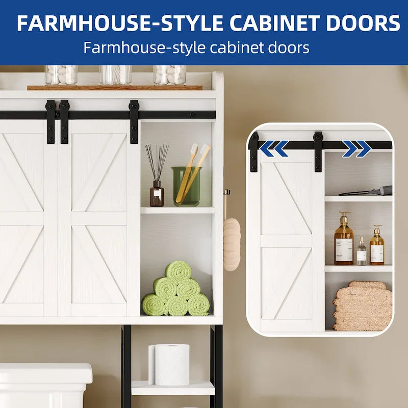 Étagère de rangement de 61 pouces de haut à placer au-dessus des toilettes avec porte coulissante style ferme et base en métal