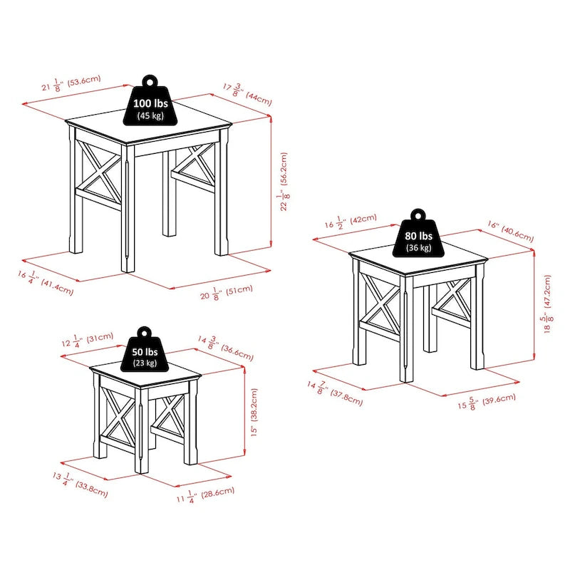 Tables gigognes 3 pièces, Cappuccino - 21.1L x 17.3P x 22.1H.