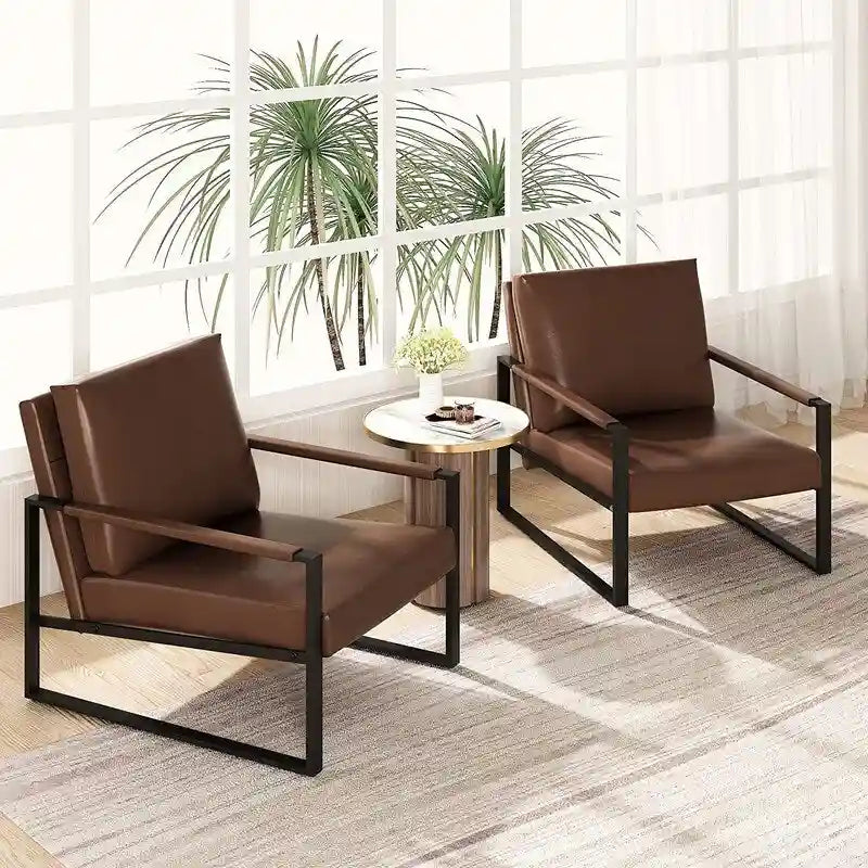 Fauteuils Modernes Vintage Rembourrés en Cuir PU, Fauteuils d'Appoint du Milieu du Siècle avec Cadre en Acier, Chaises de Salon (Lot de 2)