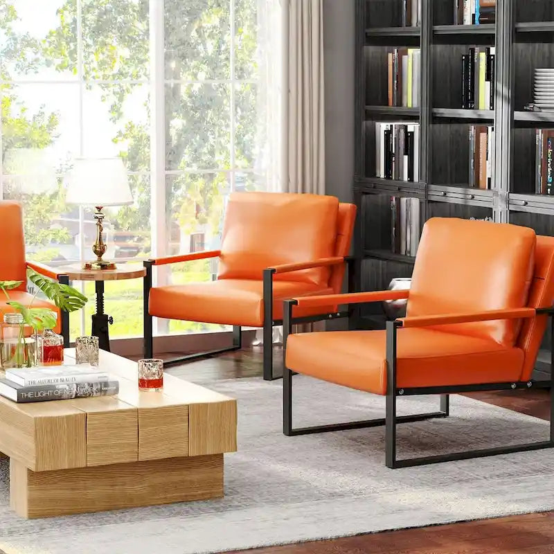 Fauteuils Modernes Vintage Rembourrés en Cuir PU, Fauteuils d'Appoint du Milieu du Siècle avec Cadre en Acier, Chaises de Salon (Lot de 2)