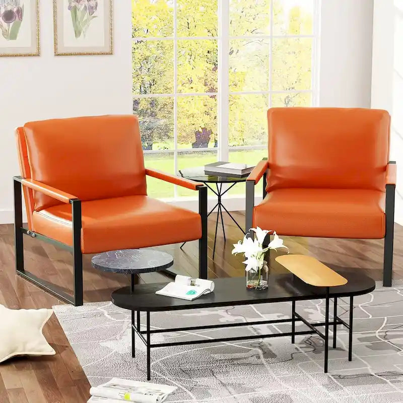 Fauteuils Modernes Vintage Rembourrés en Cuir PU, Fauteuils d'Appoint du Milieu du Siècle avec Cadre en Acier, Chaises de Salon (Lot de 2)