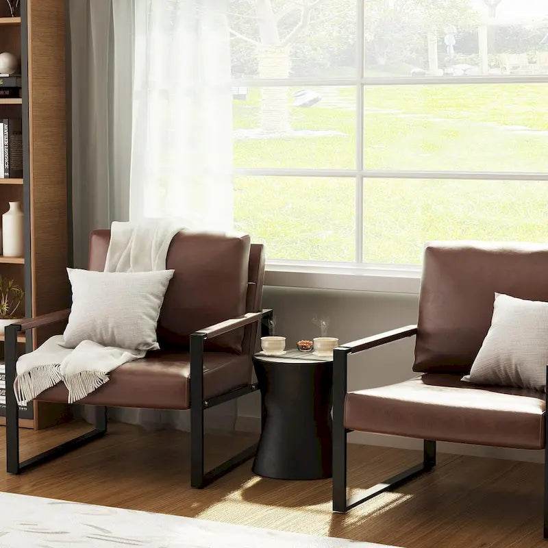 Fauteuils Modernes Vintage Rembourrés en Cuir PU, Fauteuils d'Appoint du Milieu du Siècle avec Cadre en Acier, Chaises de Salon (Lot de 2)